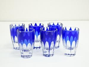 JAPANESE VINTAGE CUT GLASS KIRIKO SET OF 6 / BLUE 